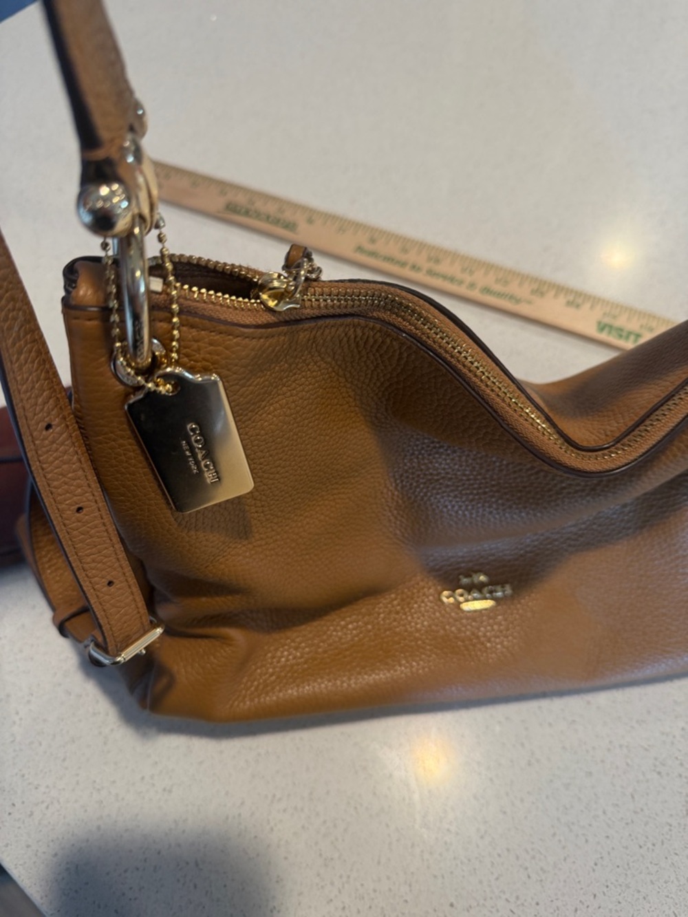 Carmel colored soft leather Coach purse with key chain - Picture 2 of 12